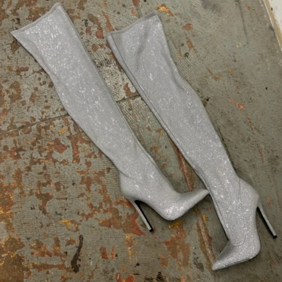 ASOS DESIGN Kamila embellished over-the-knee boots in silver - Picture 1 of 2